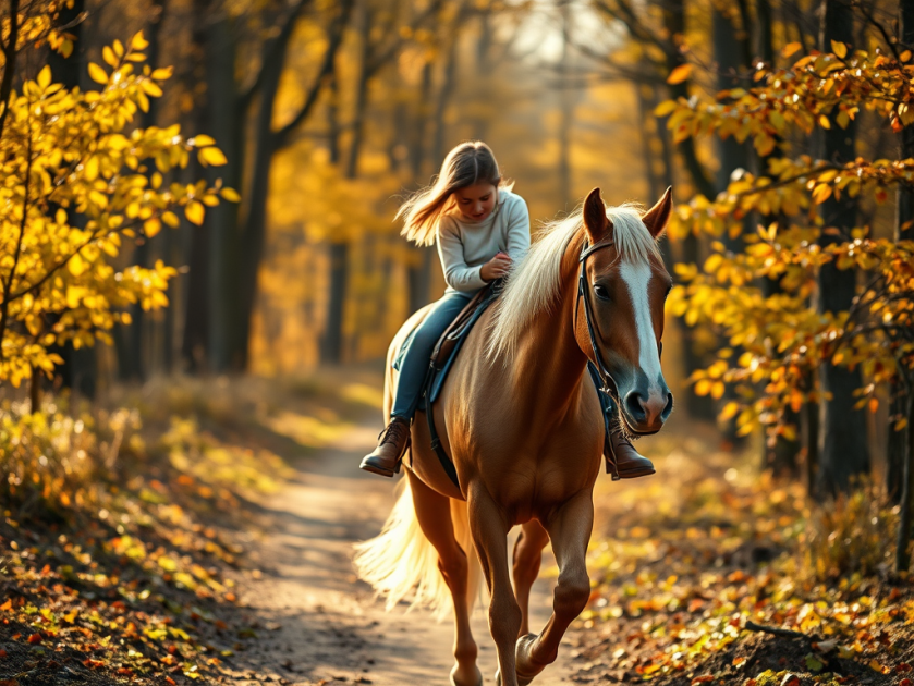 A young girl on a palomino riding a wooded trail